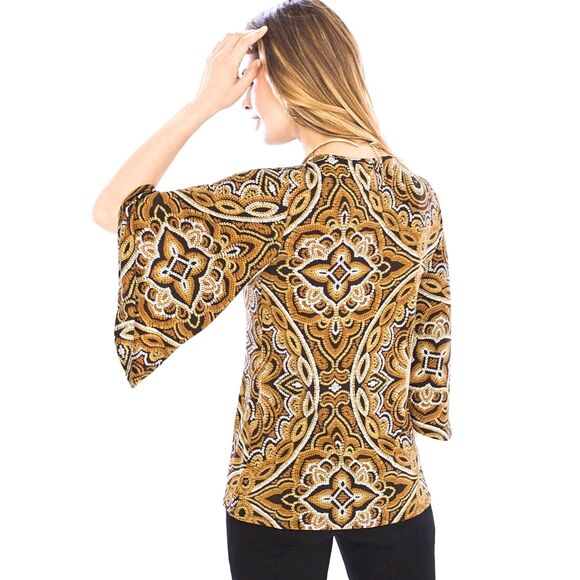 CHICO'S Sunflower Medallion Flare Sleeve Top Chicos 0 Small 4 Brown Black Gold - Picture 5 of 10